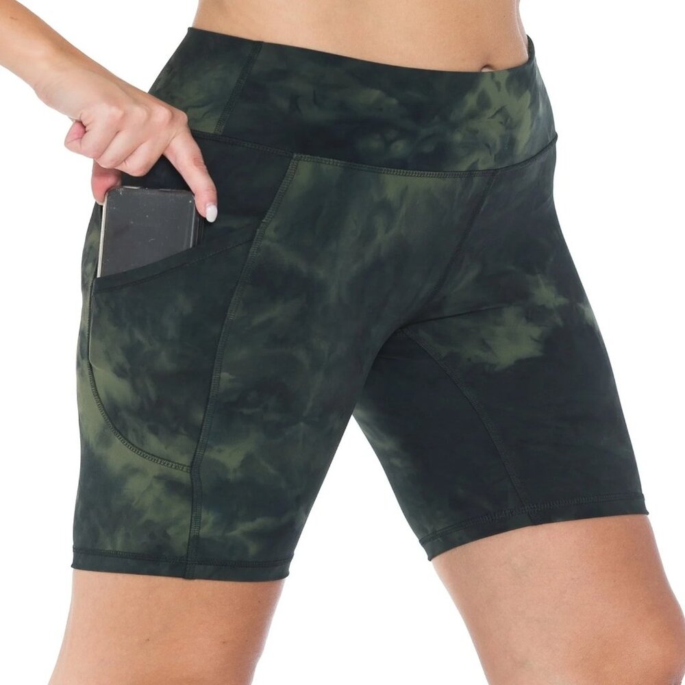 Womens Prem Green Tie Dye 5"High Waistband 8" Inseam Bike Shorts w/Pockets S-XL